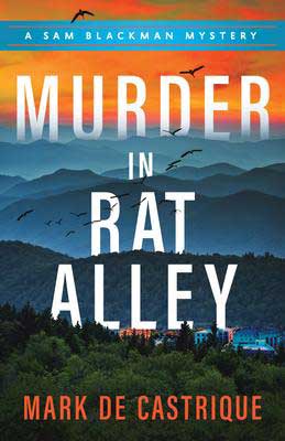Books Set in Asheville, Murder In Rat Alley by Mark de Castrique book cover with Blue Ridge mountains and orange horizon