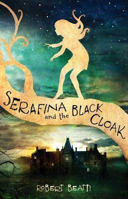 Historical fiction Biltmore book, Serafina and the Black Cloak by Robert Beatty, book cover with golden girl shadow walking on a tree limb over the Biltmore house