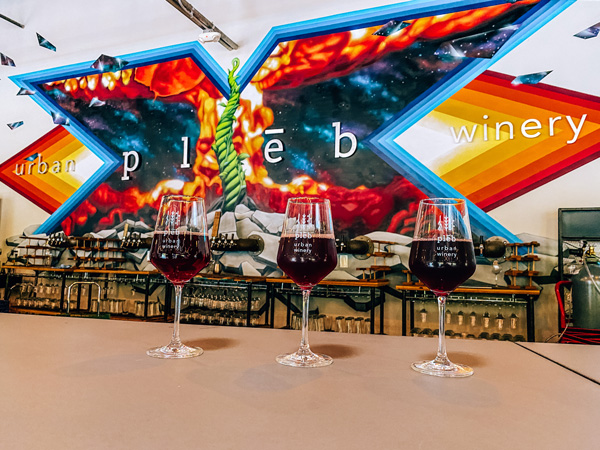 Cosas que hacer Vivir en Asheville NC pleb urban winery con el vibrante logotipo de pleb y tres copas de vino tinto