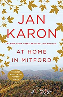 At Home In Mitford by Jan Karon book cover with North Carolina mountains in the fall 
