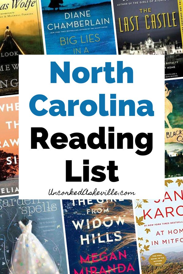 Books About North Carolina Pinterest Pin with book covers for Look Homeward Angel, Where The Crawdads Sing, The Last Castle, Serafina and the Black Cloak, The Girl From Widow Hills, At Home in Mitford, Garden Spells, and Big Lies Small Town
