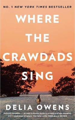 Bestselling North Carolina novels, Where The Crawdads Sing by Delia Owens book cover with orange sky and shadow of woman canoeing in the marsh