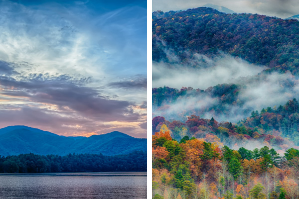 Great Smoky Mountains National Park, Perto de Asheville NC duas imagens com Smoky Mountains e nevoeiro no outono e no Lago Santeetlah