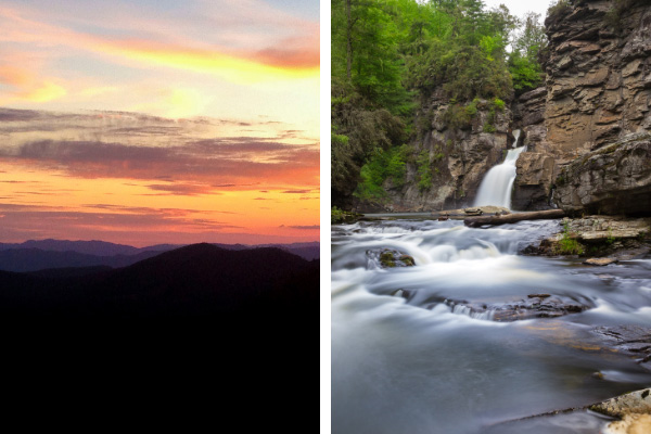 Pisgah National Forest Near Asheville, NC with two pictures with Pisgah Forest at sunset and second of Linville Falls