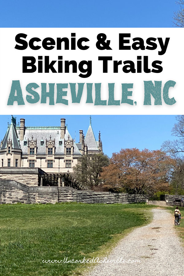 Asheville Bike Trails Pinterest Pin with Deer Park Trail at Biltmore Estate and white woman riding a mountain bike