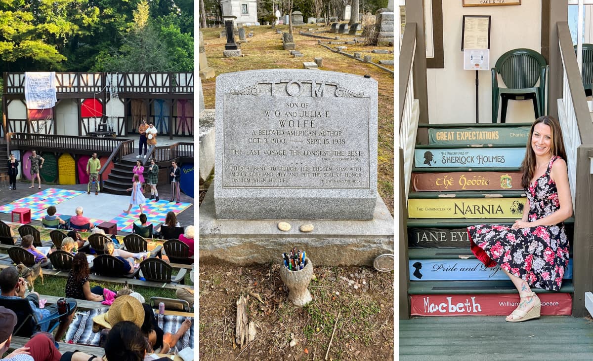Asheville For Book Lovers Featured Image with stage, grave, and Christine on steps