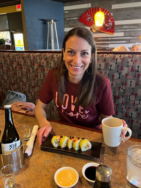 Christine and sushi roll at Murasaki